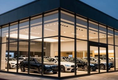 A wide-angle shot of a sleek glass-fronted luxury car dealership at twilight, illuminated from within showing high-end cars, North American / European Luxury Automotive Market.