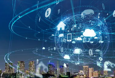 Digital global network over a smart city skyline with IoT icons and data connection lines.
