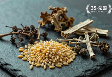 Close-up of raw ingredients: golden grains and rare mountain herbs arranged on a Dark Slate Teal stone surface.