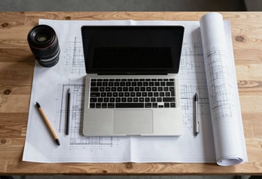 A top-down view of an organized architect's desk in a North American studio, featuring a clean laptop, drafting tools, and rolled blueprints, emphasizing order and professionalism.