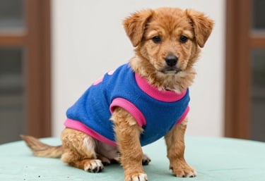 Perrito caramelo con suéter azul con rosa