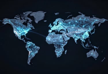 A stylized, high-tech map of the world showing glowing interconnecting lines (#8FA6BC) representing global trade routes on a dark background.