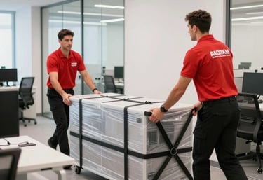 A friendly moving team carefully packing boxes in a modern home.