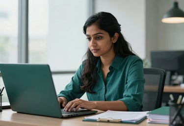 A professional South Asian / Indian woman working diligently in a bright, modern office with dark teal green stationery and files.