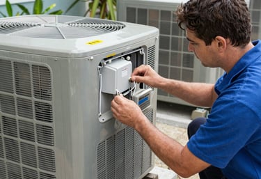 A skilled HVAC technician carefully installing a sleek air conditioning unit in a modern South Florida home.