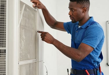 Exterior view of a high-end air conditioning unit installed on a luxury residence surrounded by lush landscaping.