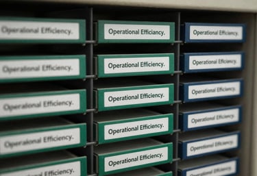 A close-up of an organized filing system with neat labels in forest green and midnight blue tones, representing operational efficiency.