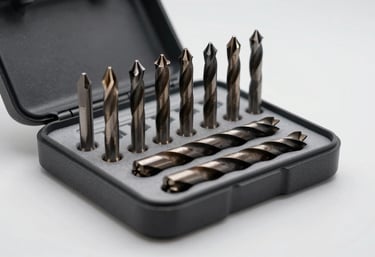 A set of high-performance drill bits in a sleek storage case, minimalist arrangement on a light cloud surface, soft professional lighting.