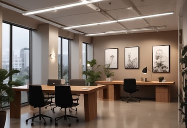 Sleek office space illuminated with carefully placed ambient and task lighting.
