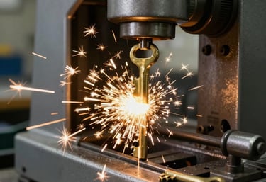 A dynamic action shot of a key cutting machine in a Northern European / Swedish service shop, with bright golden sparks flying as a new brass key is precisely shaped.