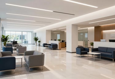 A wide-angle interior view of a bright, modern North American corporate lobby. The space is uncluttered with polished floors and elegant, simple furniture in shades of grey and dark blue.