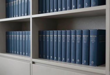 A sleek, organized bookshelf with business literature in a high-end US home office, showing a color palette of light grey and dark blue.