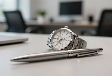 Close-up of a high-end luxury watch and a professional silver pen resting on a minimalist desk, soft bokeh background of a North American office, elegant and results-driven.