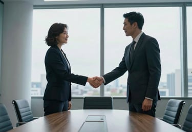 A wide shot of two professionals in a high-rise office meeting room in London or New York, shaking hands against a bright window, sleek modern furniture, soft blue tones.