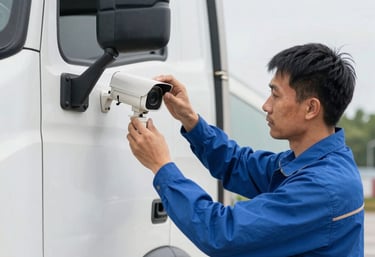 A professional technician wearing a blue uniform is carefully mounting a weatherproof security camera to the side mirror bracket of a white fuel truck, daylight, professional focus.