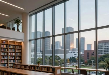 A professional architectural photograph of a modern university library interior with large windows looking out onto a global city skyline. The lighting is soft and inspiring.