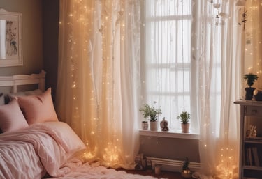 A cozy bedroom corner decorated with lace curtains, faux leaves, and pastel pink bedding.