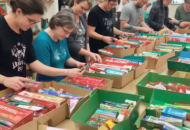 Volunteers handing out food and smiles at a community outreach event.