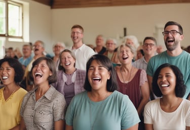 Congregation singing joyfully during Sunday worship service.