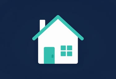 Minimalist graphic representing a home with a protective seal, in professional Navy and Teal tones, clean and sharp.
