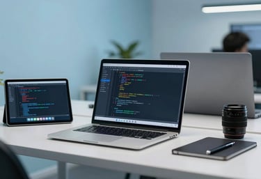 A brightly lit workstation in a North American tech hub featuring a laptop and a tablet showing code development, surrounded by soft light blue accents.