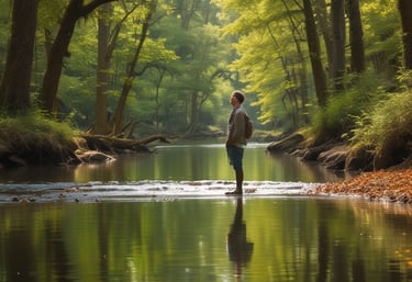 A male hiker standing in a calm river surrounded by a lush green forest with sunlight filtering through trees.