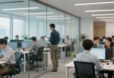 A diverse team of professionals in a modern collaborative workspace with glass partitions. The lighting is bright and airy, with #8FA6BE and #2A405D accents throughout the decor.