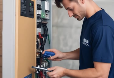 Technician installing modern electrical wiring in a new residential building.