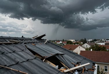 Close-up of a craftsman repairing a roof with green and white tools.