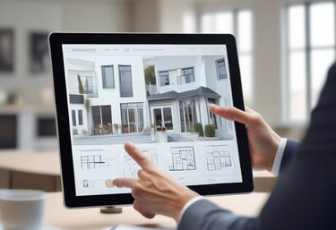 A friendly real estate agent showing property options to a couple in a bright office.