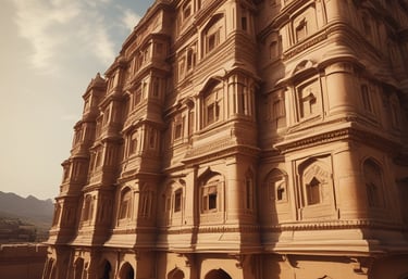 A panoramic view of a serene villa surrounded by desert landscape near Jaisalmer.