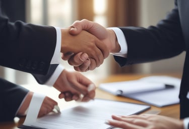 A warm handshake between a buyer and a real estate agent in a sunlit Jodhpur office.