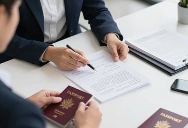 Close-up of hands exchanging business documents symbolizing document clearance and support services.