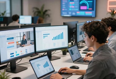 A professional team collaborating in a modern office with digital marketing and real estate visuals.