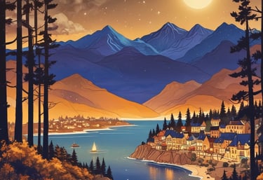 Digital illustration of a coastal town by a mountain lake under a full moon and starry night sky.