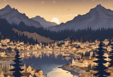 Digital illustration of a cozy lakeside mountain village under a starry night sky with a full moon.