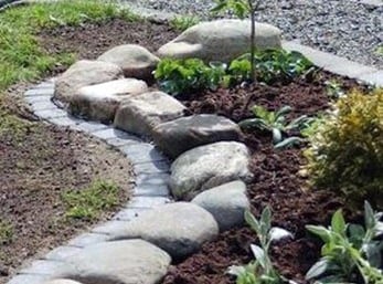 Кант на морава с паважни тухли и декоративни камъни, които отделят тревата от цветната леха.