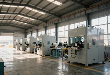 Wide shot of a clean and modern industrial machinery warehouse in South America, bright morning light filtering through high windows.
