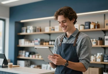 A photograph of a small business owner in a modern Canadian storefront, smiling confidently while looking at a tablet. The background is a clean, organized shop with steel blue and light grey tones, representing success and financial stability.