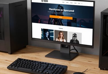 A sleek black and gold themed workspace with a laptop displaying a modern website design.