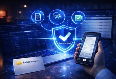 Employee scans business receipt with Safemoney.cloud app instant validation system in secure futuristic payment environment