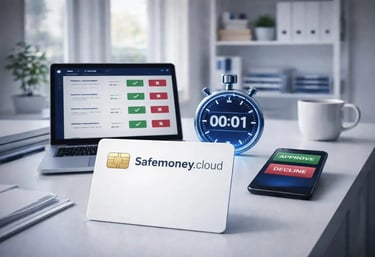 White Safemoney.cloud card stopwatch security shield on office desk showing real time payment monitoring approval control