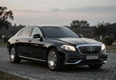 A sleek, black luxury sedan waiting in a cobblestone driveway at dusk. The headlights cast a warm glow, suggesting premium chauffeur services. Palette includes #2C2E2F and #FBF9F4.