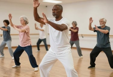 A serene zoom screenshot showing a middle-aged group practicing tai chi in their living rooms.