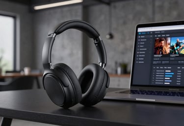 A photograph of a pair of high-end wireless headphones and a laptop on a desk. The laptop screen shows a digital dashboard for media management. The scene is set in a modern North American loft with industrial elements and charcoal accents.