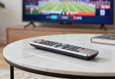 A professional product photograph of a sleek, silver remote control resting on a white marble coffee table. In the background, a large screen displays a vibrant sports broadcast. The lighting is clean and bright, emphasizing a premium North American home setting.