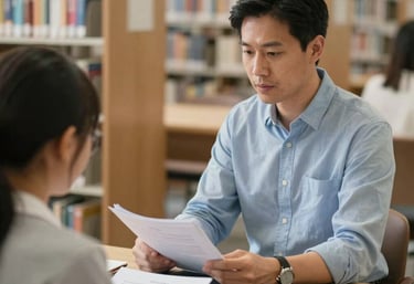 A professional mentor sitting with a student in a bright North American library, reviewing educational materials, conveying reliable expertise.