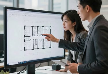 A bright workspace in a US city where a mentor and a young professional are reviewing architectural plans on a large screen.