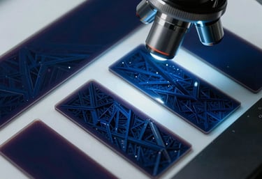 A series of laboratory slides viewed through a microscope, with geometric crystalline structures in shades of navy and blue.