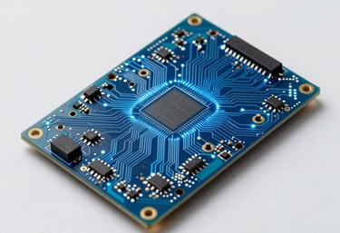 A clean, minimalist composition of an electronic circuit board with blue glowing pathways, suggesting innovation and technological depth.
